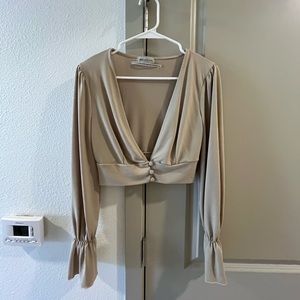 UO Beige Flared Sleeves Cropped Top